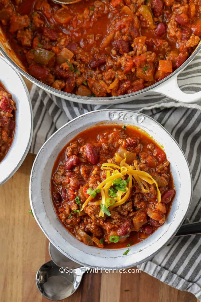 The Best Chili Recipe on grey & white towel