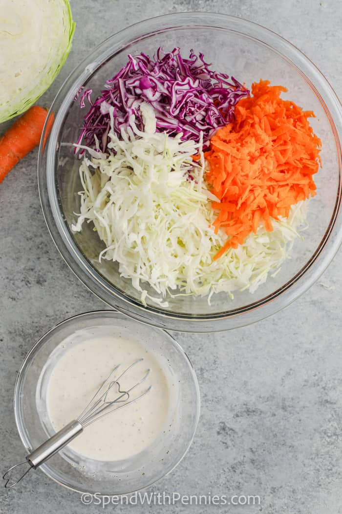 ingredients in bowls to make The Best Coleslaw Recipe