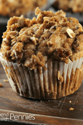 Banana Nut Muffins topped with a deliciously sweet & crunchy pecan streusel